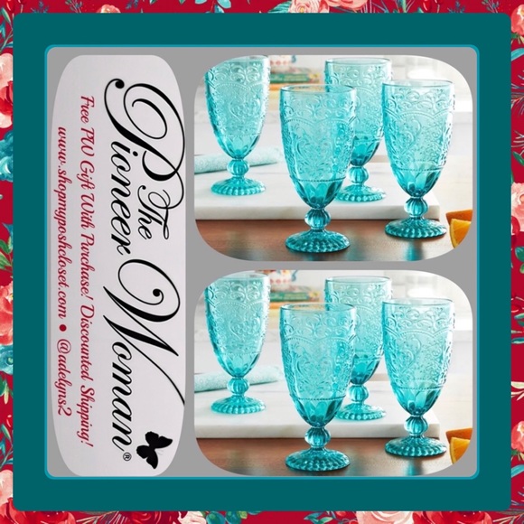 🌺 New Pioneer Woman (8) 14.7-Ounce Teal Blue Embossed Goblets Glass Glasses - Picture 3 of 9